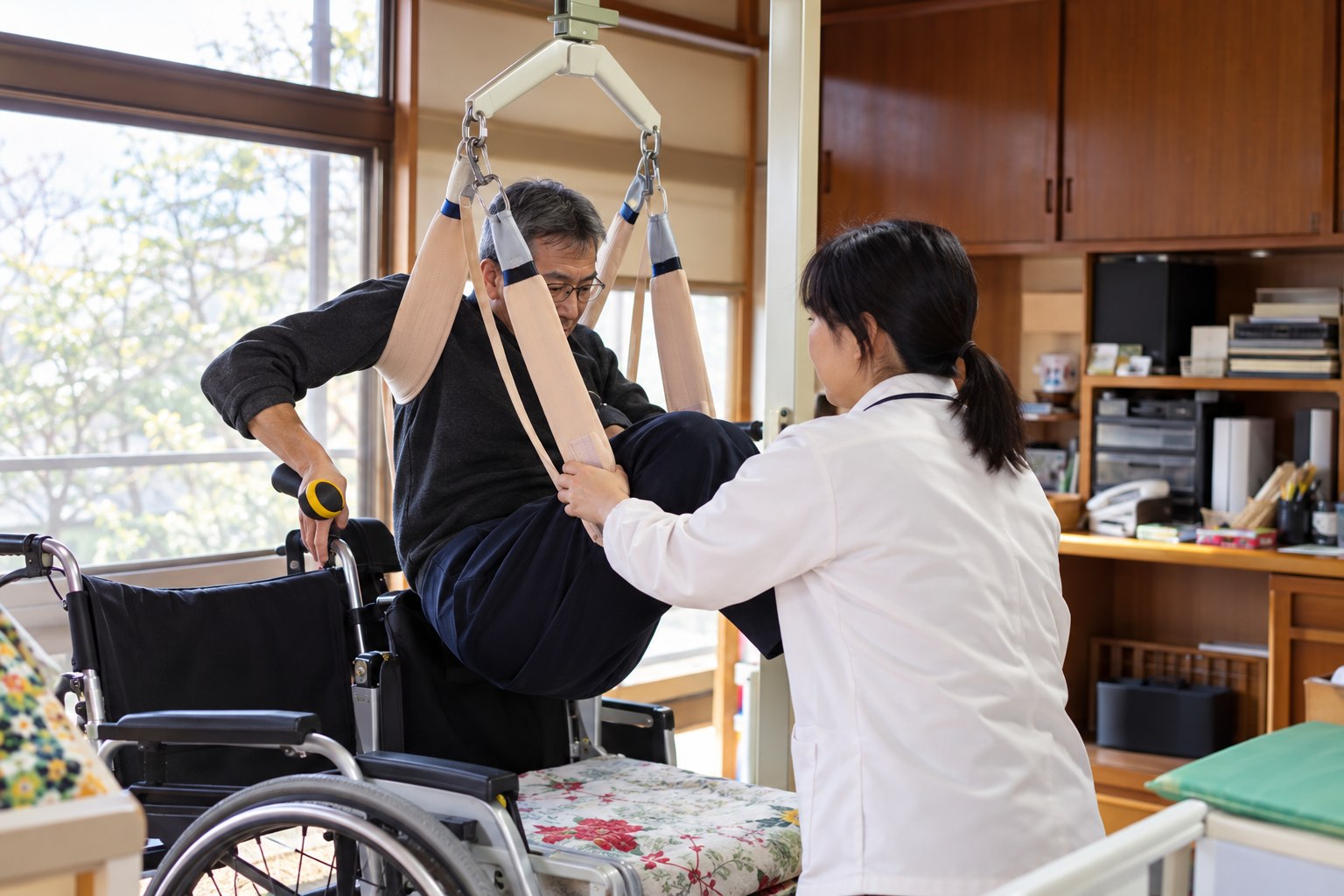 ご家庭のリフトを使った移乗を介助する様子