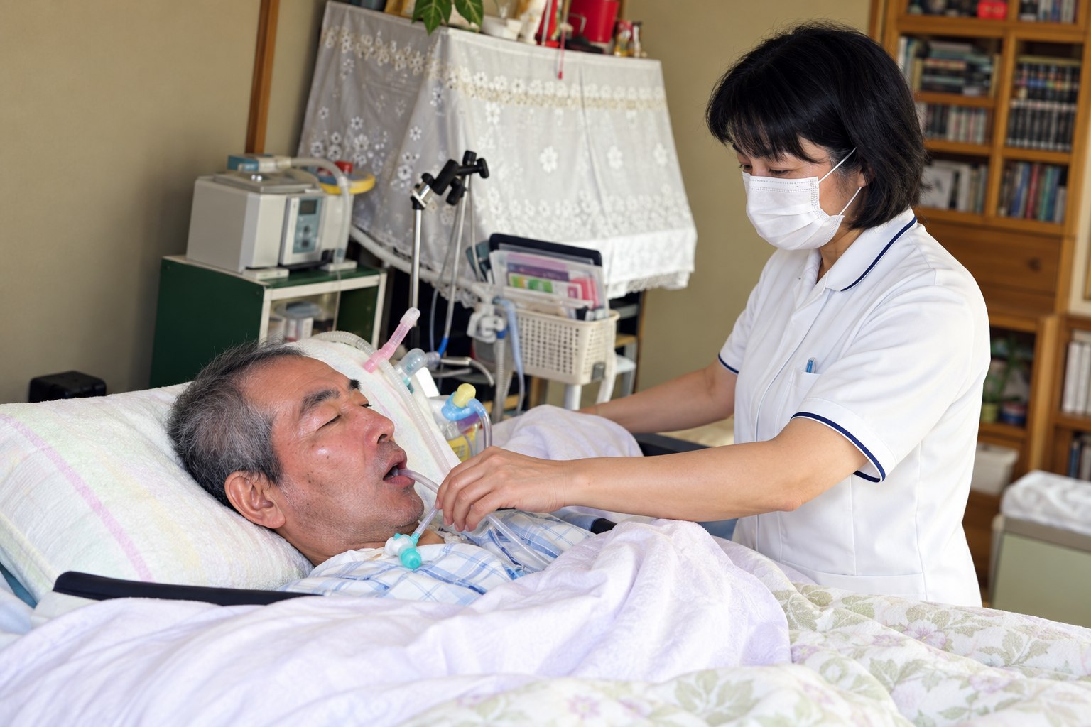 ご家庭のベッドで医療処置を行う看護師