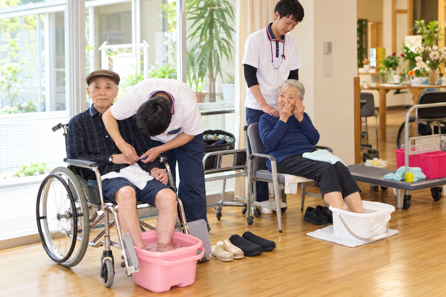 スタッフに介助され足浴をする利用者様