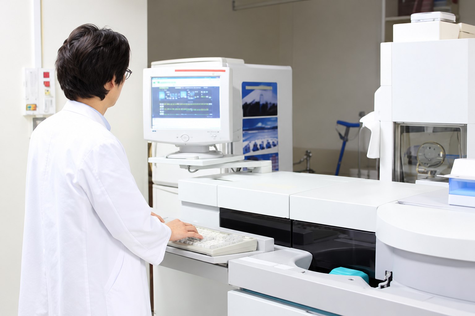 分析装置で検査するスタッフ