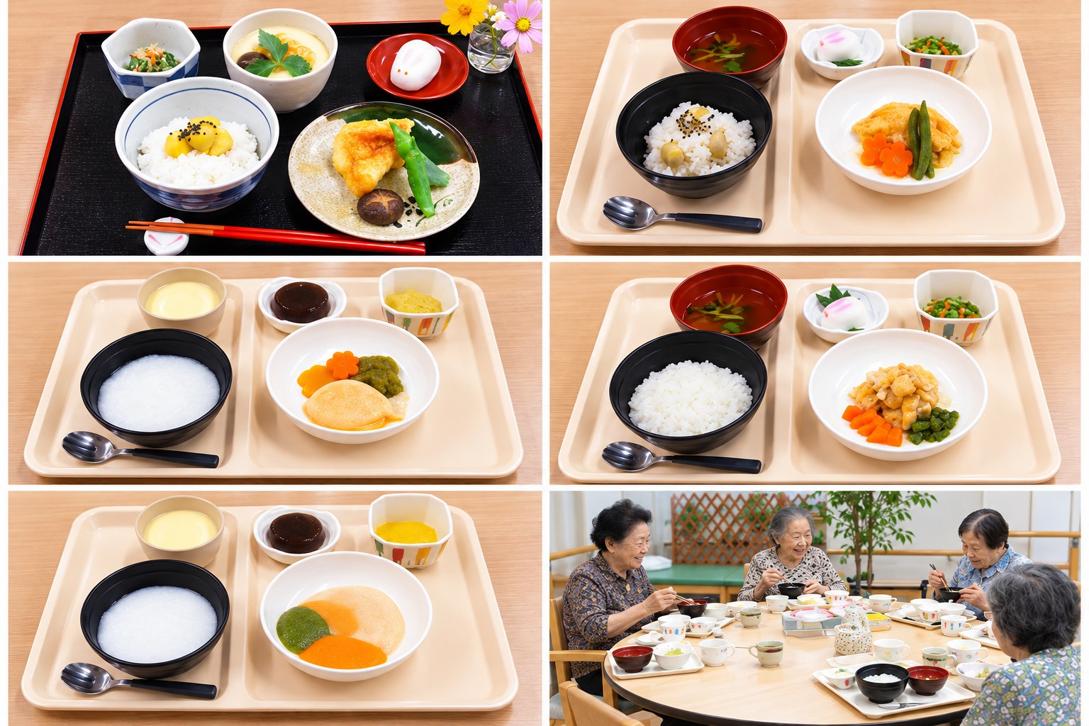 季節の献立、常食、ソフト食、刻み食、ミキサー食と食事の様子